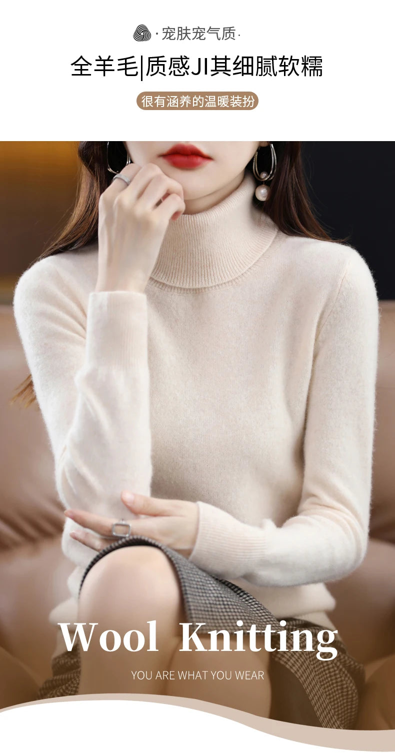 Wool Cashmere Sweater Women Knitted Sweater Turtleneck Long Sleeve Pullovers Autumn Winter.