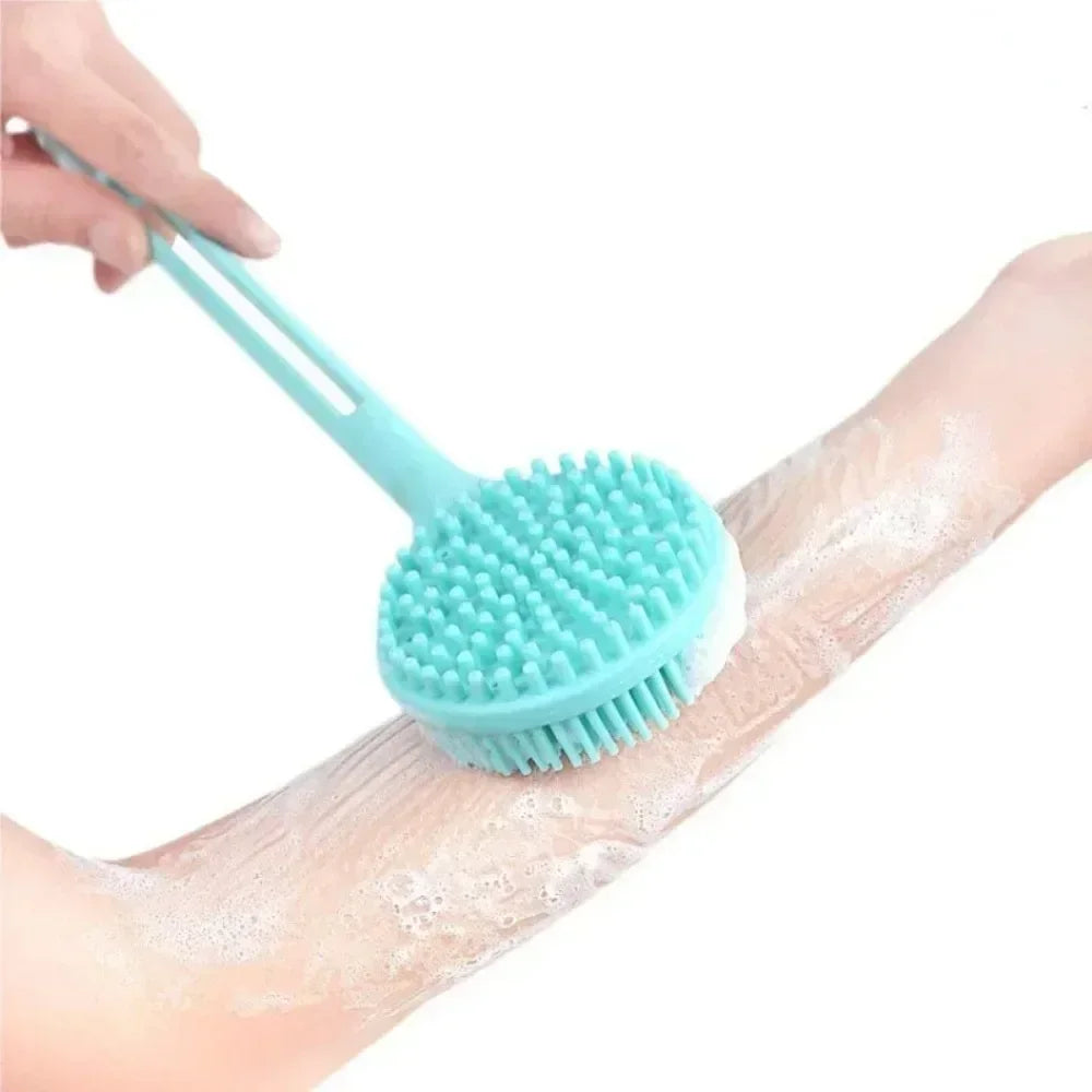 Silicone Body Scrubber with Long Handle – Two-Sided Exfoliating Bath Brush for Back Cleaning and Massage.