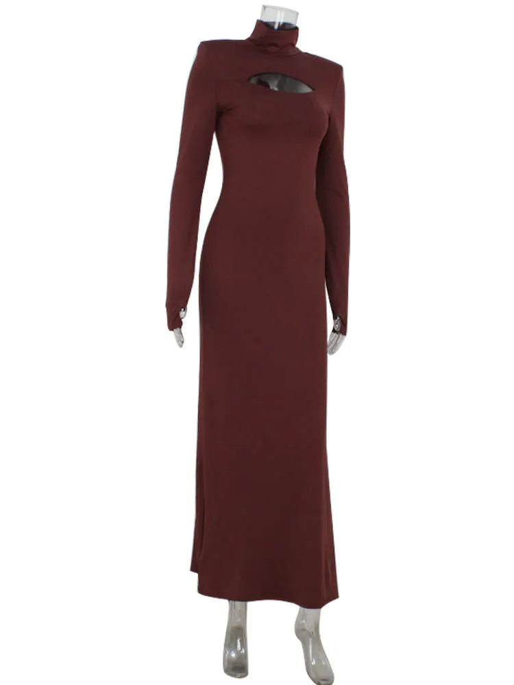 Women's Maxi Dresses Solid Turtleneck Regular Long Sleeves Hollow Out Slim Fit