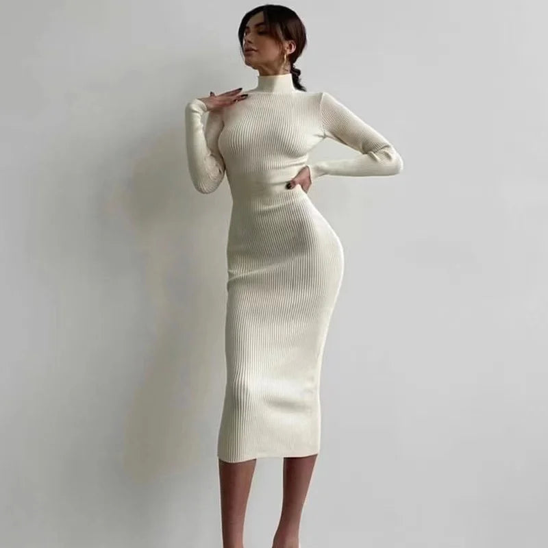 Autumn Knitted Turtleneck Dress Women Long Sleeve Bodycon Midi Dresses Elegant Fashion