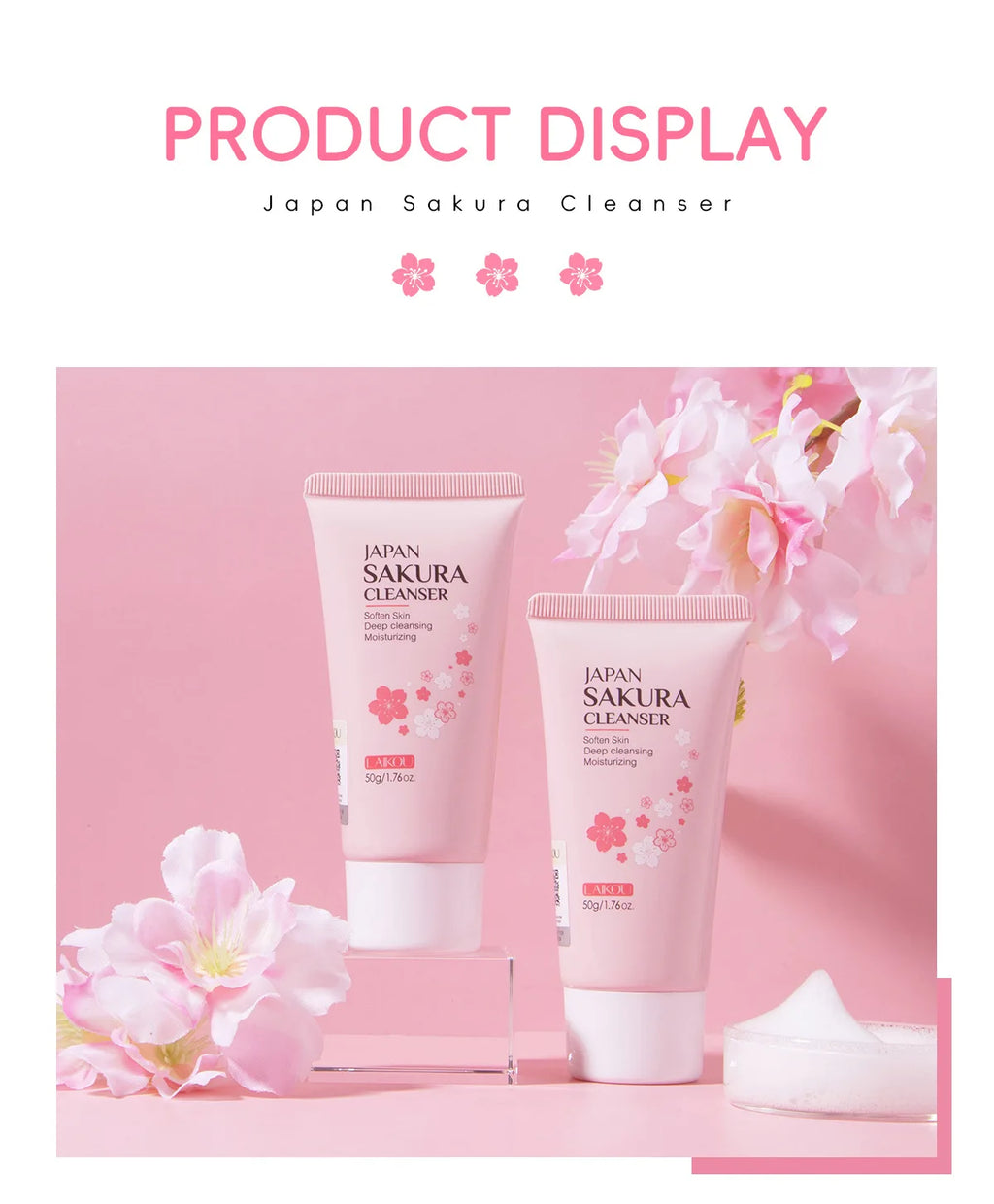 LAIKOU Sakura Cleanser Gentle Deep Cleaning Oil Control Moisturizing Shrink Pores Face Skin Care.