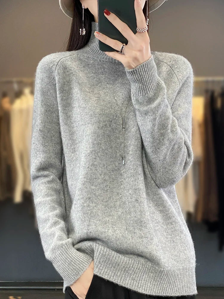 Autumn Winter Wool Sweater Mock Neck Office Lady Knitted Pullover Solid Soft Long Sleeve
