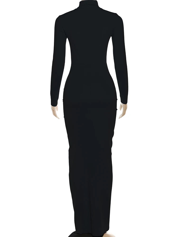 New Style Long Dress Woman Turtleneck Full Sleeve Skinny High Stretch Daily Casual