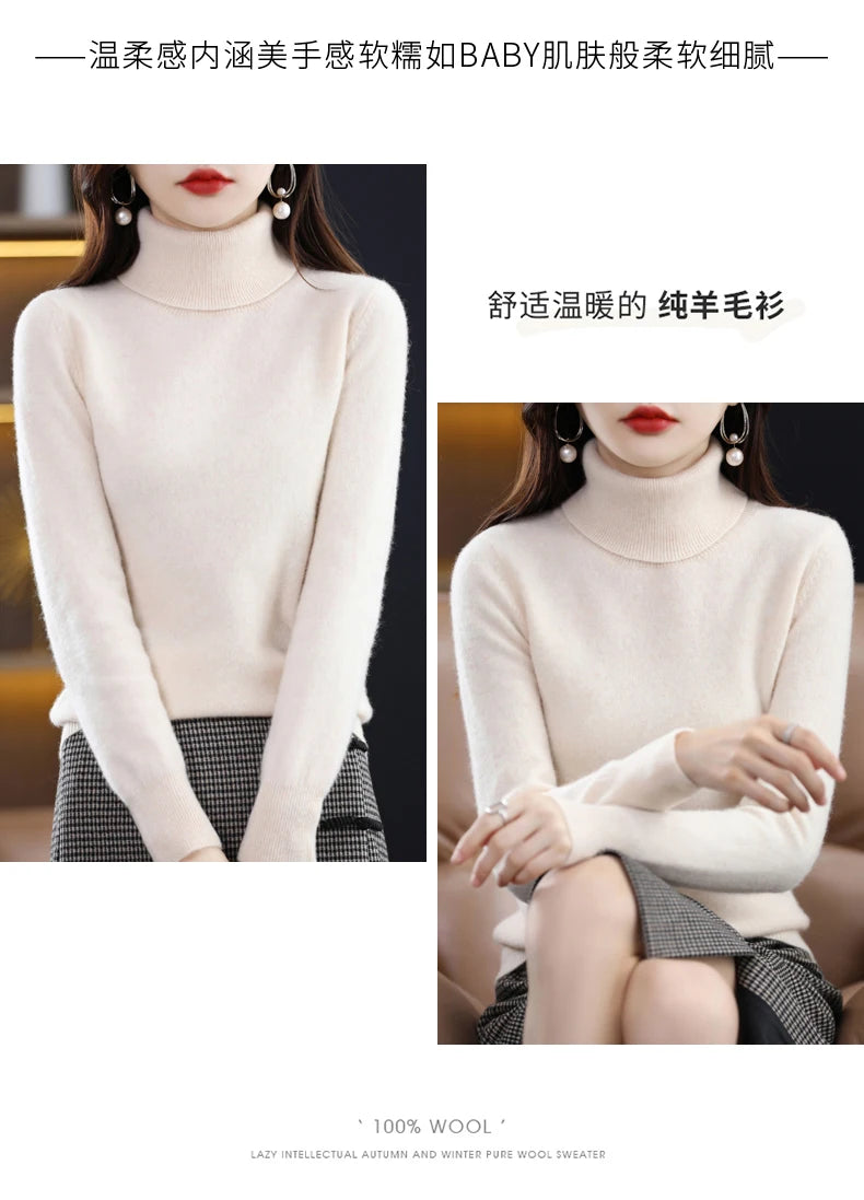 Wool Cashmere Sweater Women Knitted Sweater Turtleneck Long Sleeve Pullovers Autumn Winter.