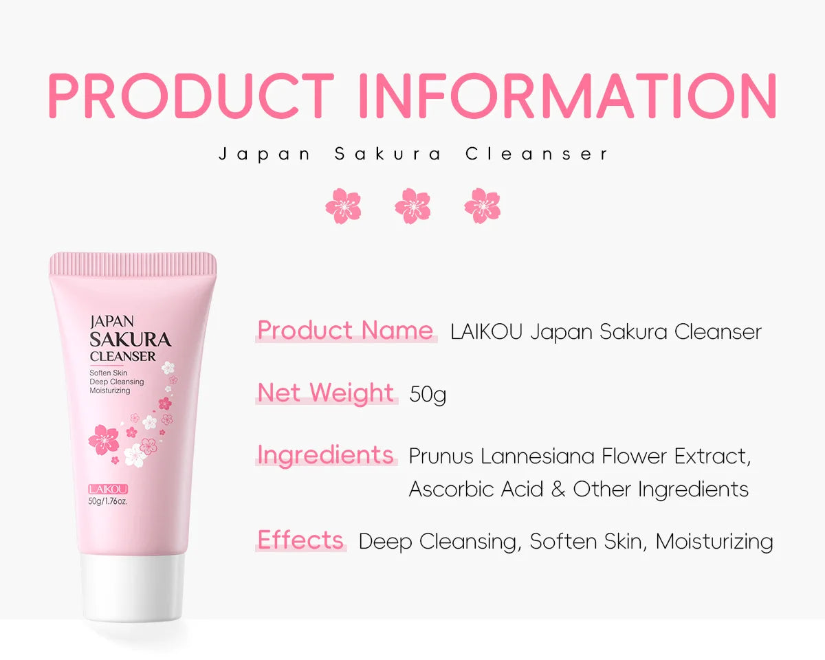 LAIKOU Sakura Cleanser Gentle Deep Cleaning Oil Control Moisturizing Shrink Pores Face Skin Care.