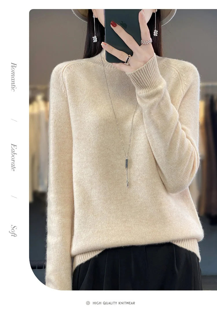 Autumn Winter Wool Sweater Mock Neck Office Lady Knitted Pullover Solid Soft Long Sleeve