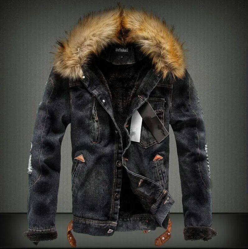 New Men's Fashion Retro Plush Denim Jacket Casual Tear Patch Denim Coat