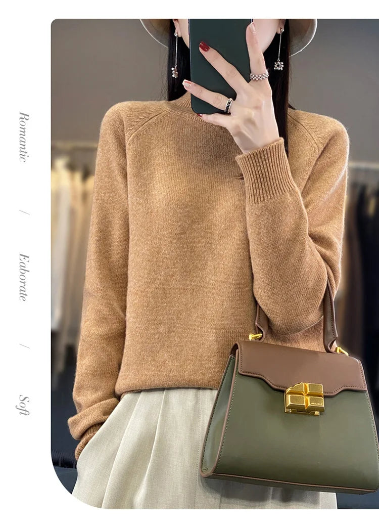 Autumn Winter Wool Sweater Mock Neck Office Lady Knitted Pullover Solid Soft Long Sleeve