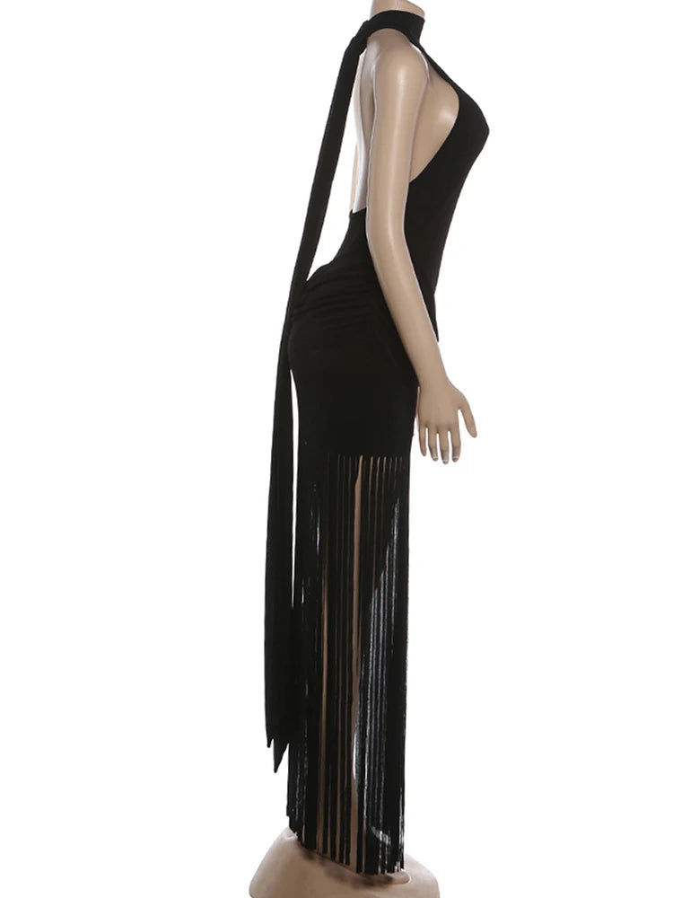 Women Velvet Ruched Patchwork Tassel Hem Elegant Backless Party Bodycon