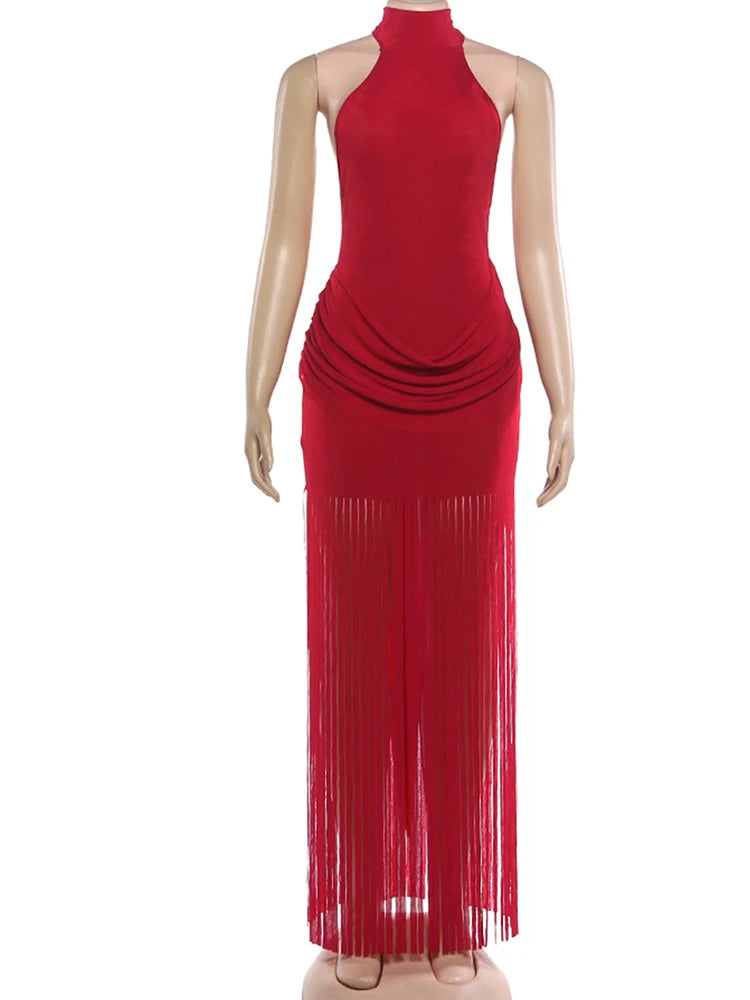 Women Velvet Ruched Patchwork Tassel Hem Elegant Backless Party Bodycon