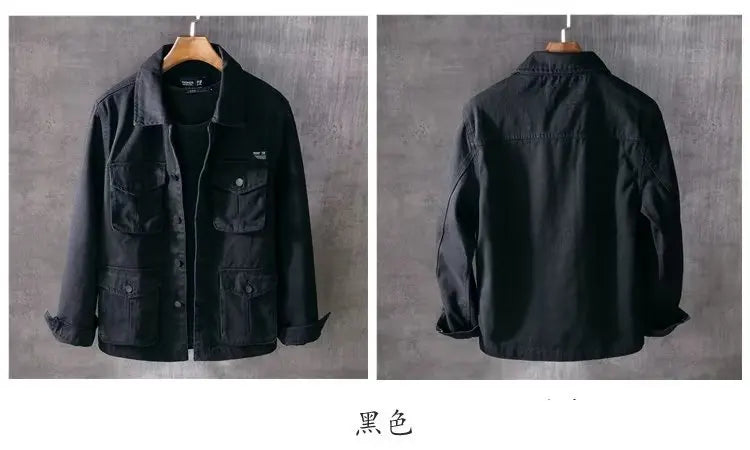 Spring and Autumn New Men's Fashion Casual Loose Jacket Solid Pocket Work Wear Denim Jacket