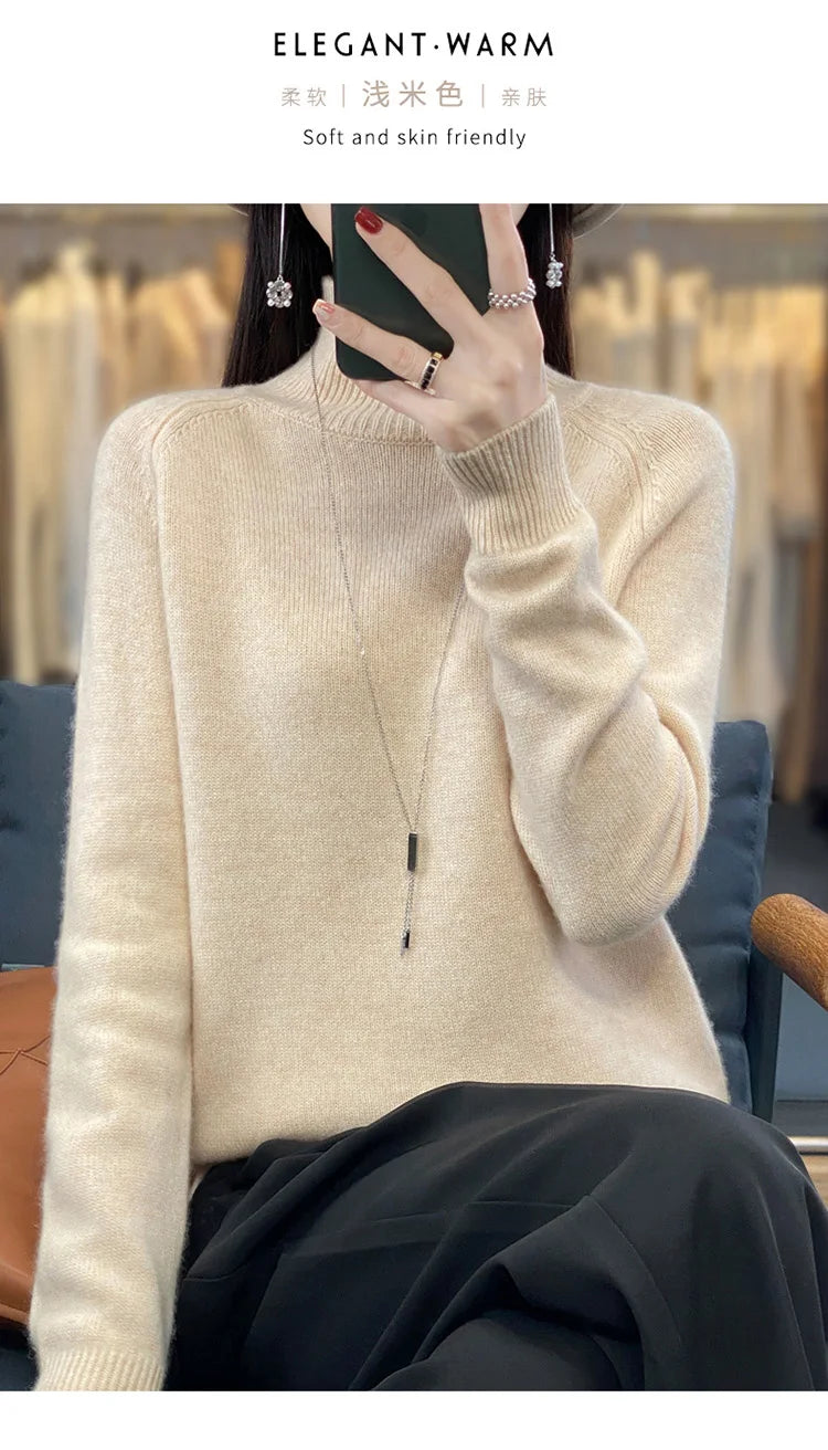 Autumn Winter Wool Sweater Mock Neck Office Lady Knitted Pullover Solid Soft Long Sleeve