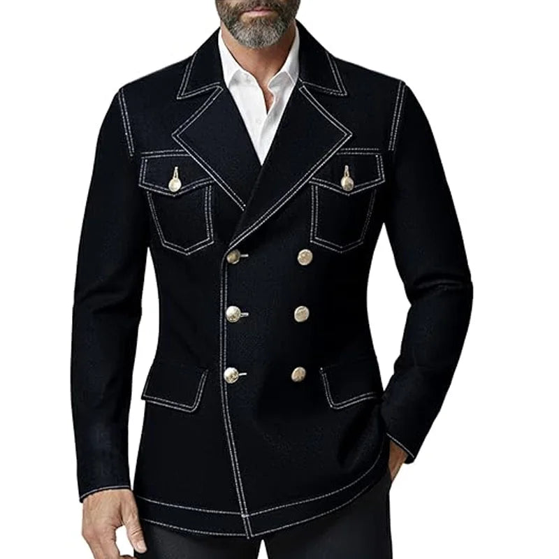 Men's Denim Jacket Double Breasted Slim Fit Notch Lapel Multi-pocket With Gold Button British Style Casual Office Spot Coat