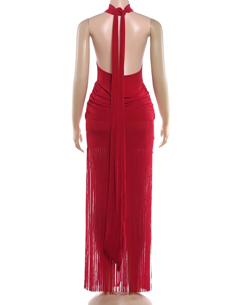 Women Velvet Ruched Patchwork Tassel Hem Elegant Backless Party Bodycon