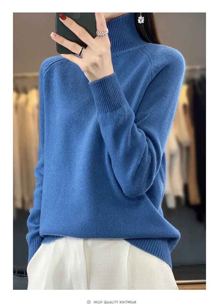 Autumn Winter Wool Sweater Mock Neck Office Lady Knitted Pullover Solid Soft Long Sleeve