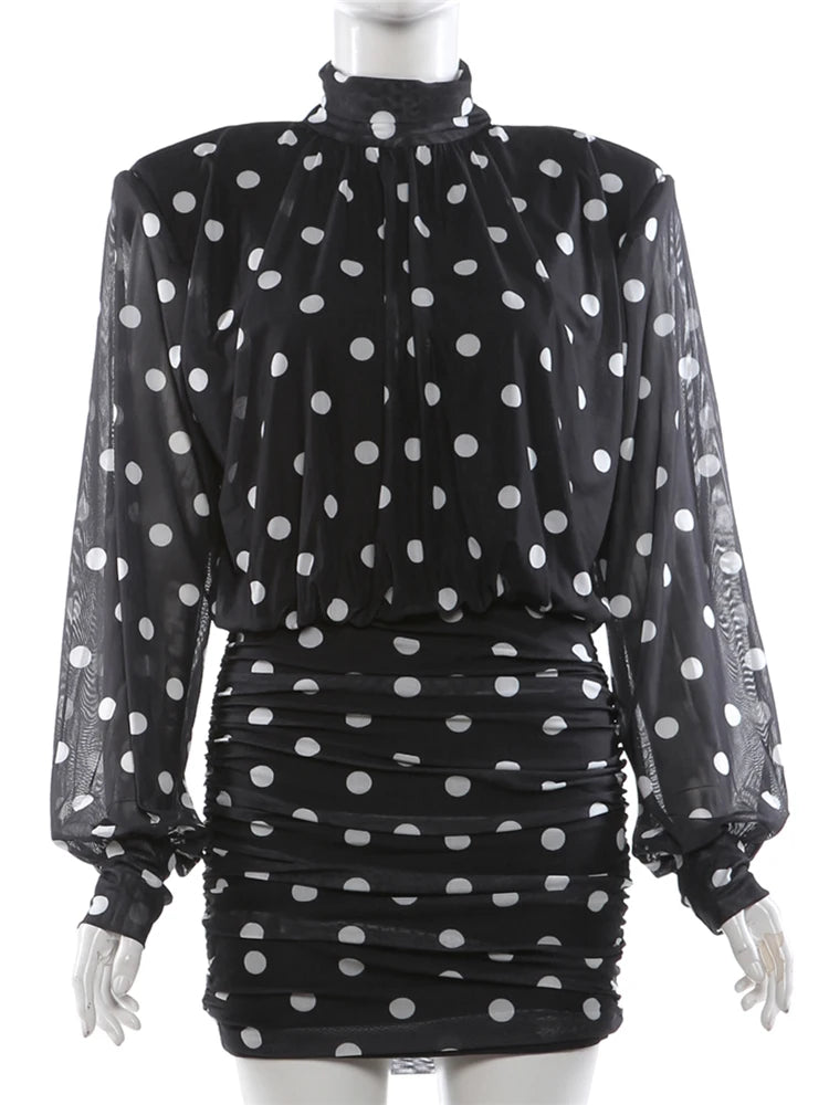 Turtleneck Backless Dress Women Classic Polka Dot Lace-Up Mesh Patchwork.