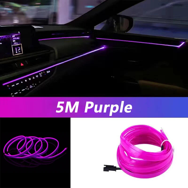 5M Car Interior LED Neon Strip Light USB – Flexible EL Wire Ambient Lighting Decorative Lamp for Auto DIY Atmosphere