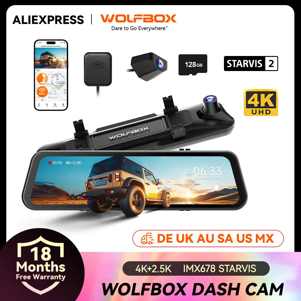 WOLFBOX G900 PRO Dash Cam – 4K front + 2.5K rear mirror dash camera with voice control, 5GHz Wi-Fi, GPS tracking, loop recording, and dual front & rear cameras for clear driving video and smart car security.