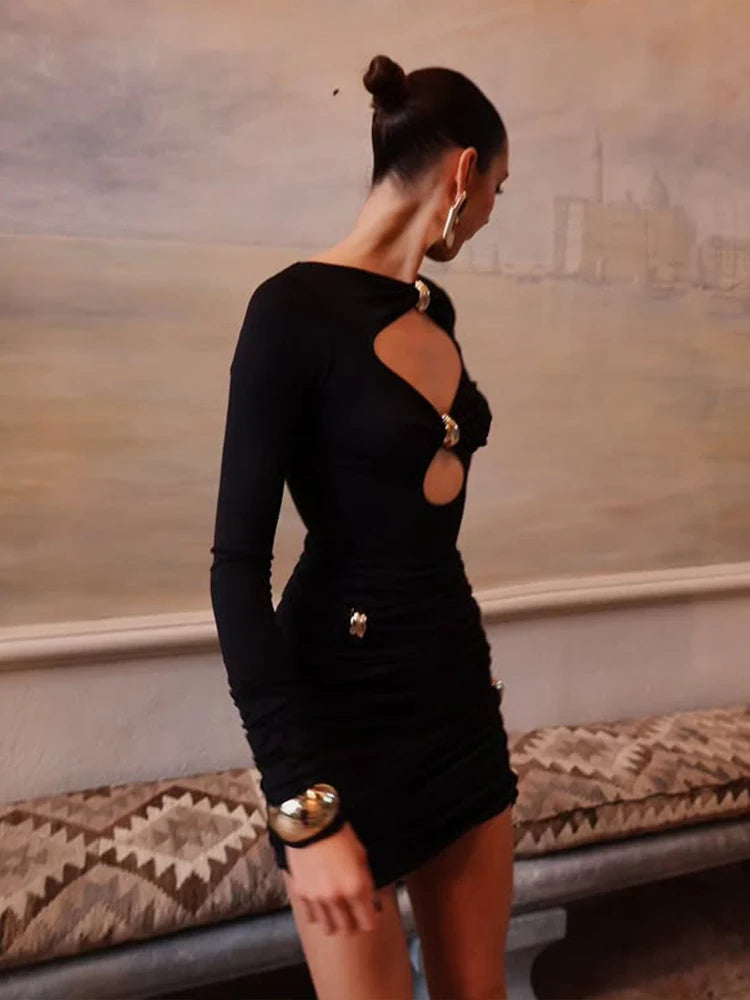 Elegant Women’s Hollow-Out Turtleneck Mini Dress with Long Sleeve