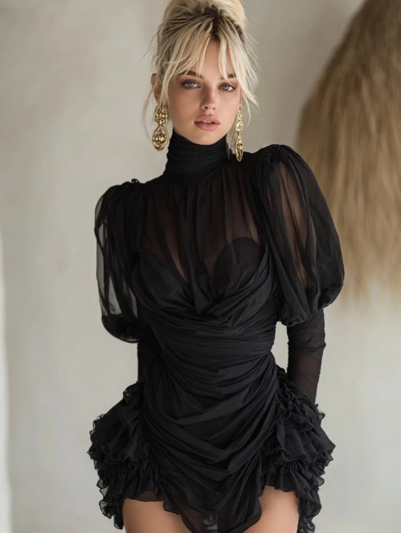 Elegant Sheer Mesh Mini Dress with High Neck & Ruffle Detail