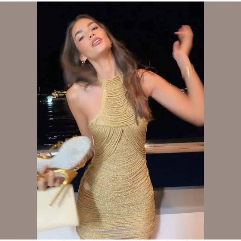 Slim Sleeveless Gold Tassel Dress for Summer Parties