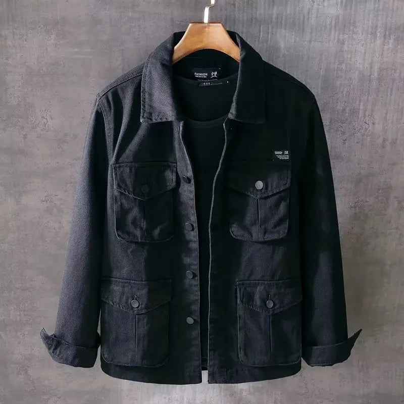 Spring and Autumn New Men's Fashion Casual Loose Jacket Solid Pocket Work Wear Denim Jacket