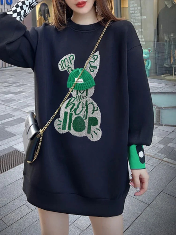 Sweatshirt for Women BlackGraphic Long  Woman Tops Loose Embroidered Pullover Baggy Korean Popular Clothes