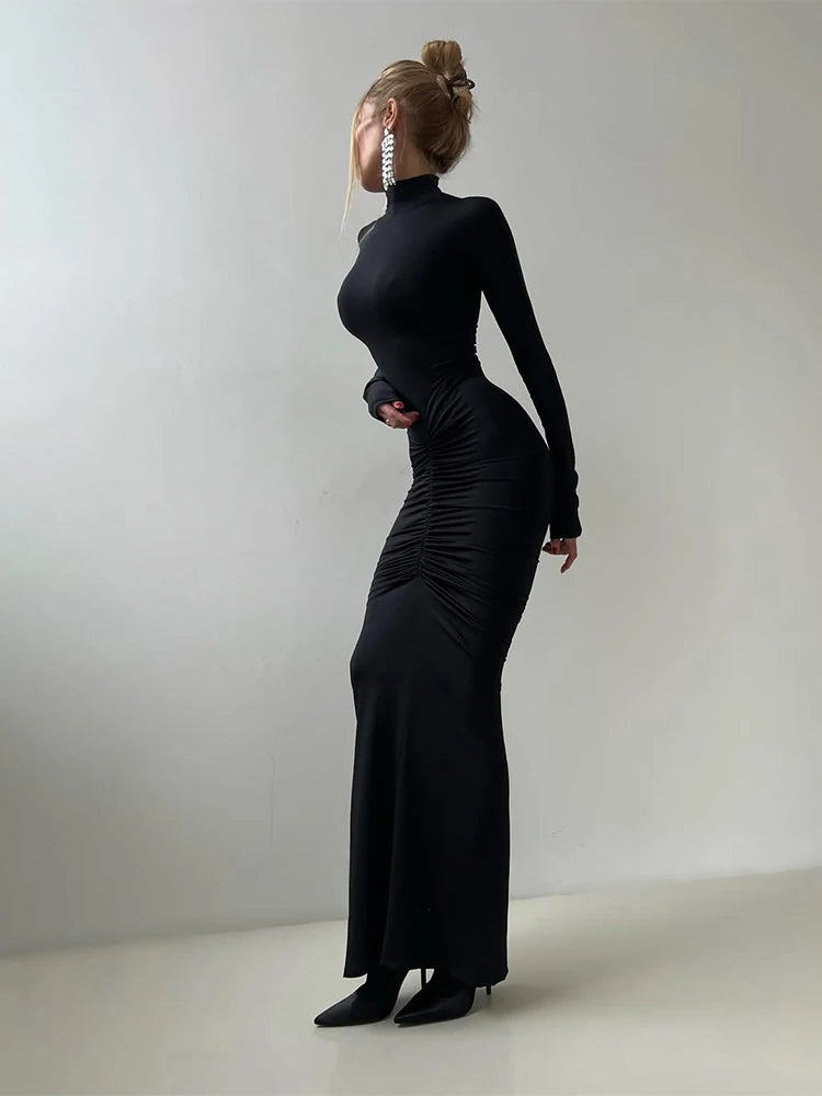 New Style Long Dress Woman Turtleneck Full Sleeve Skinny High Stretch Daily Casual