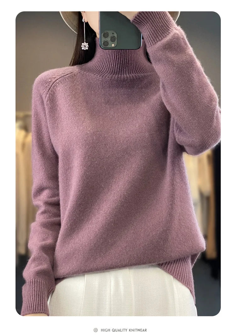 Autumn Winter Wool Sweater Mock Neck Office Lady Knitted Pullover Solid Soft Long Sleeve