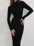 Autumn Knitted Turtleneck Dress Women Long Sleeve Bodycon Midi Dresses Elegant Fashion