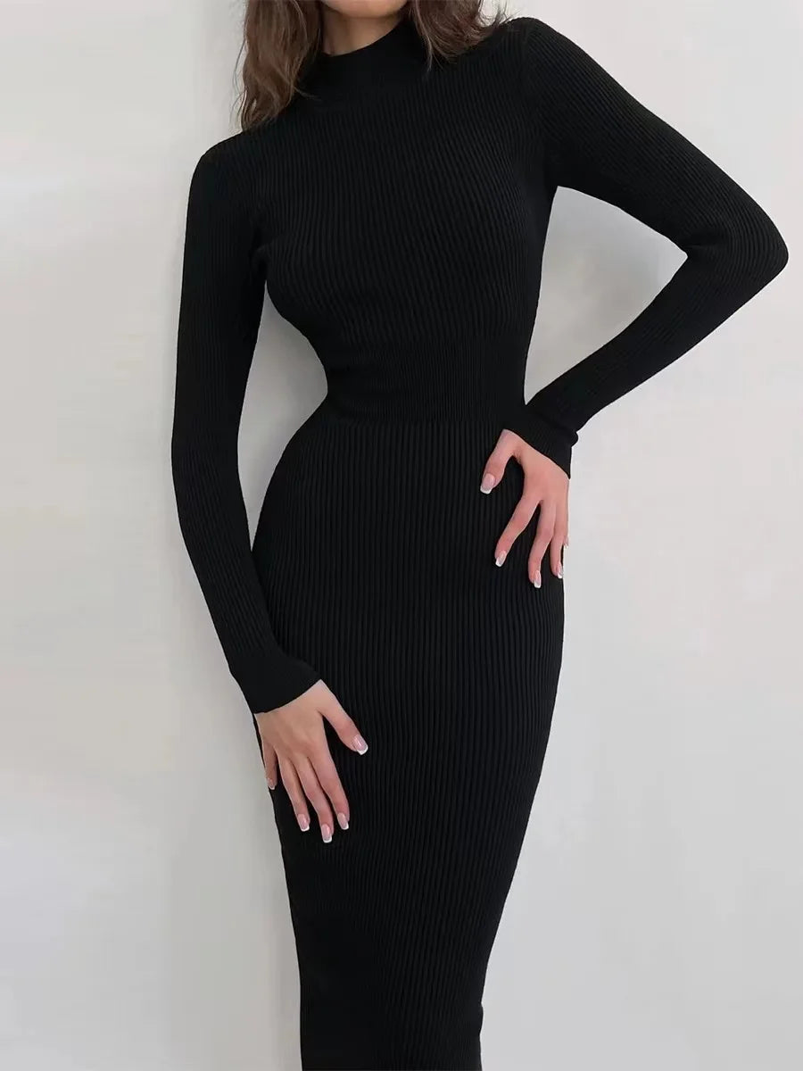 Autumn Knitted Turtleneck Dress Women Long Sleeve Bodycon Midi Dresses Elegant Fashion