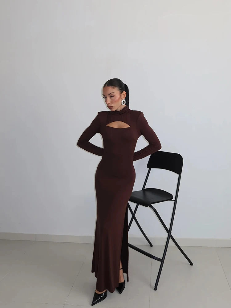 Women's Maxi Dresses Solid Turtleneck Regular Long Sleeves Hollow Out Slim Fit