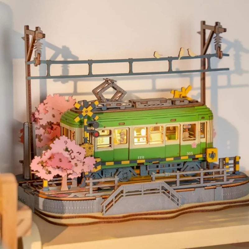 Robotime Sakura Tram 3D Wooden Puzzle with LED Lights – Home Decor Gift for Adults and Girls