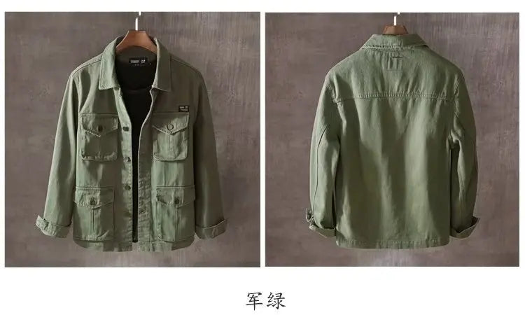 Spring and Autumn New Men's Fashion Casual Loose Jacket Solid Pocket Work Wear Denim Jacket