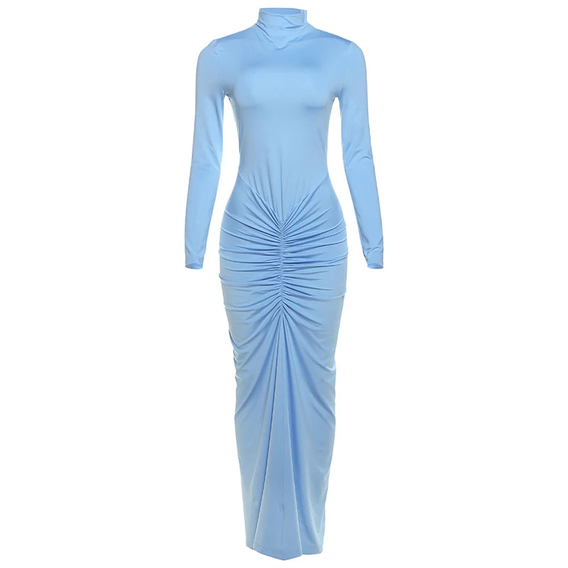 New Style Long Dress Woman Turtleneck Full Sleeve Skinny High Stretch Daily Casual