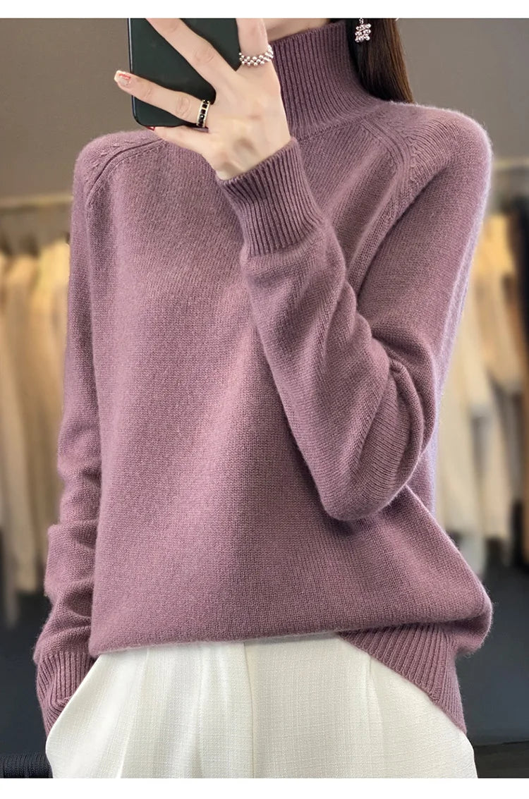 Autumn Winter Wool Sweater Mock Neck Office Lady Knitted Pullover Solid Soft Long Sleeve