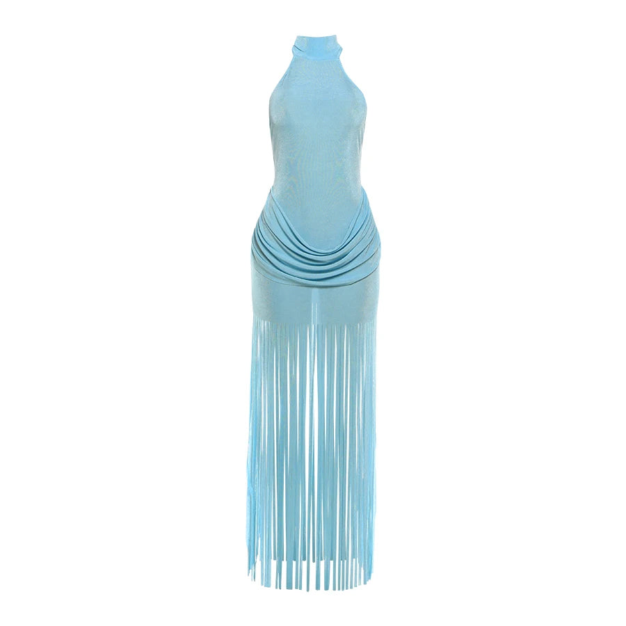 Women Velvet Ruched Patchwork Tassel Hem Elegant Backless Party Bodycon