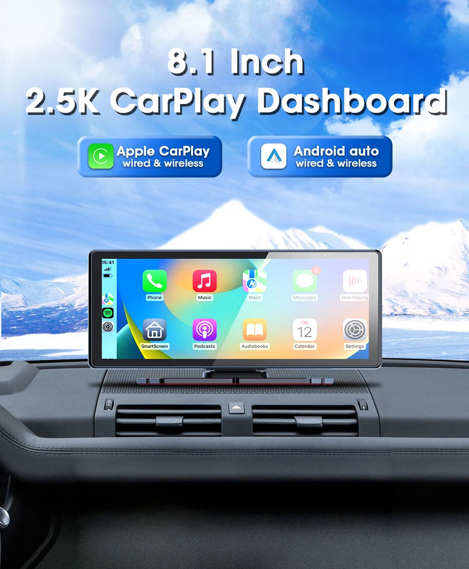 VTOPEK 8.1" 2.5K Car Dash Camera – Wireless CarPlay & Android Auto Display, GPS Navigation, WiFi DVR with Rear Camera