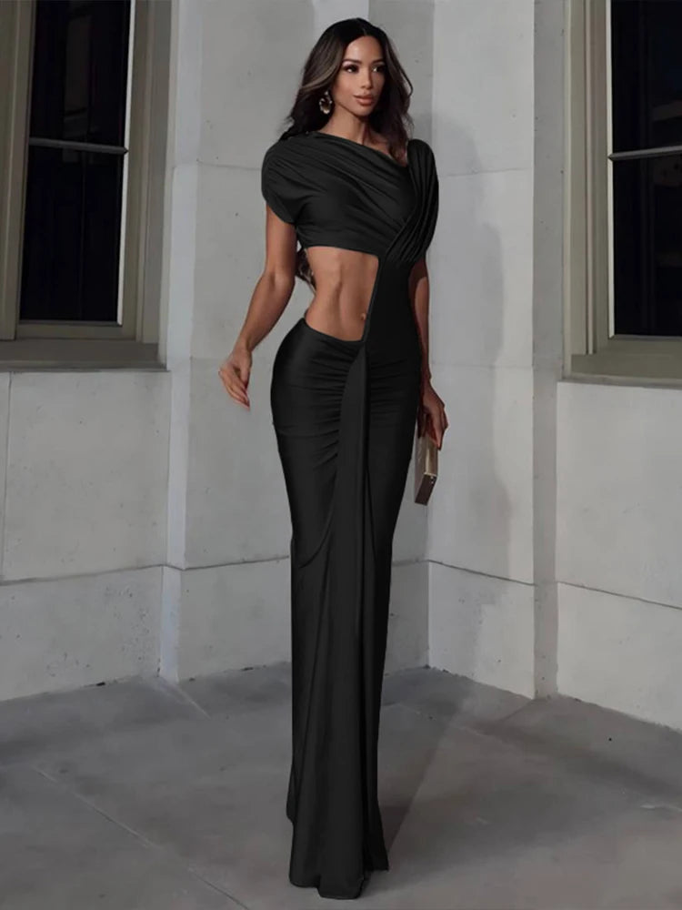 Diagonal Collar Shorts Sleeve Waistless Slits Street Trend Temperament Long Bodycon