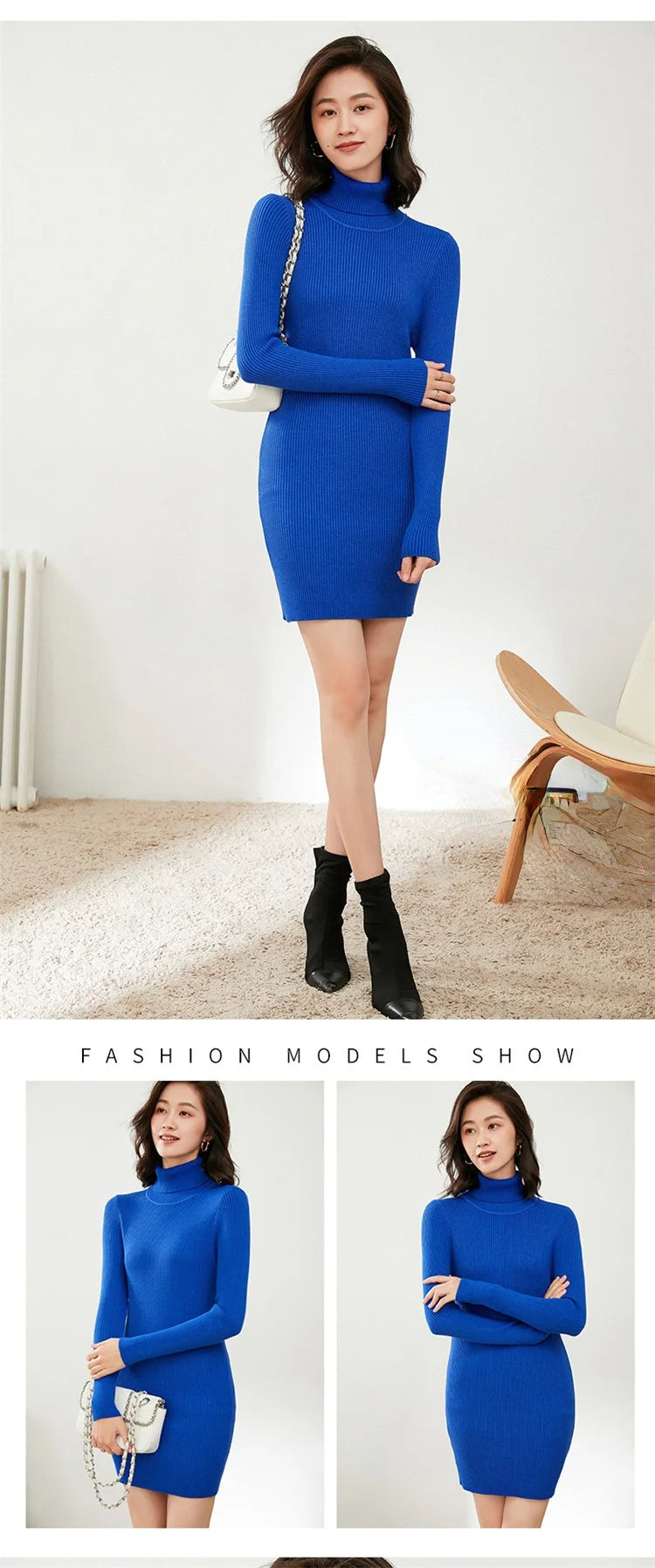 Turtleneck Sweater Slim-Fit Bottoming Solid Color Tight-Fitting Knitted Bag Hip Women Dress.