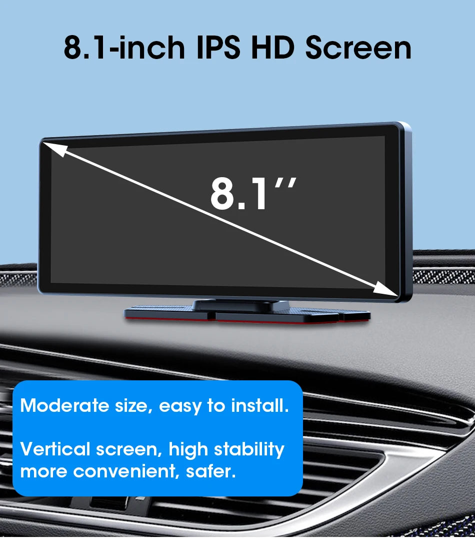 VTOPEK 8.1" 2.5K Car Dash Camera – Wireless CarPlay & Android Auto Display, GPS Navigation, WiFi DVR with Rear Camera
