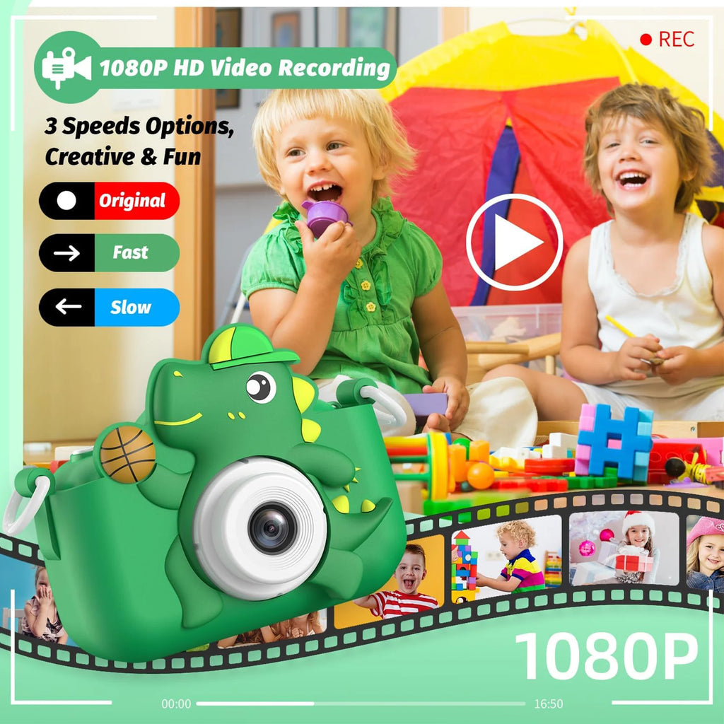 Kids’ Digital Camera – 1080P HD, SD Card, Cartoon Dinosaur Design for Photos & Videos, Perfect Birthday Gift