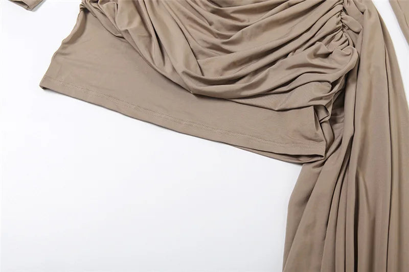 Turtleneck Irregular Draped Ruched Mini Dress Women Elegant Long Sleeve Backless Club Party Cocktail