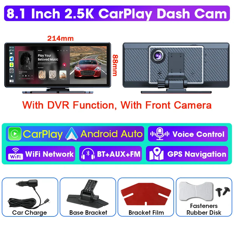VTOPEK 8.1" 2.5K Car Dash Camera – Wireless CarPlay & Android Auto Display, GPS Navigation, WiFi DVR with Rear Camera