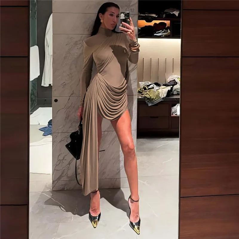 Turtleneck Irregular Draped Ruched Mini Dress Women Elegant Long Sleeve Backless Club Party Cocktail