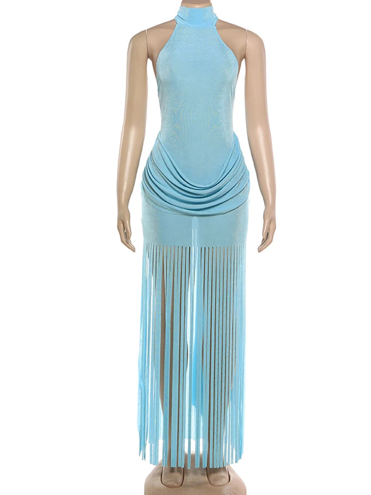 Women Velvet Ruched Patchwork Tassel Hem Elegant Backless Party Bodycon