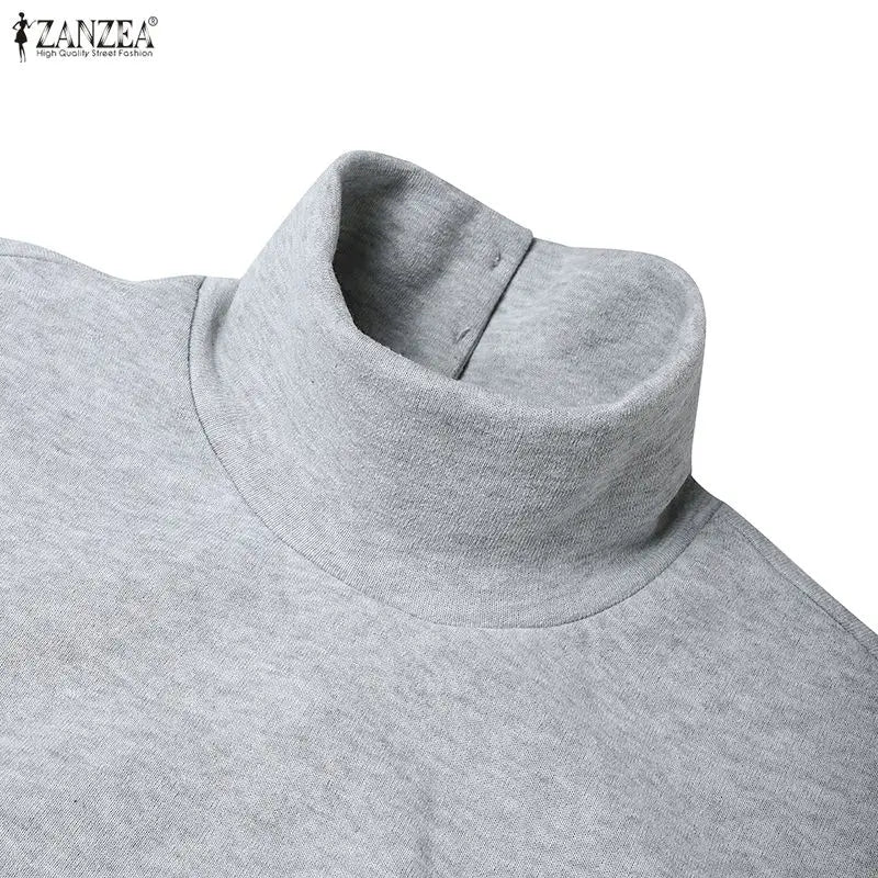 Sweatshirt Dress Women Casual Turtleneck Long Sleeve Solid A-Line Midi Dresses