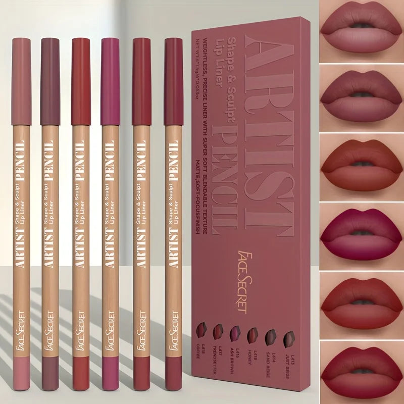 6pcs Velvet Matte Lip Liner Pencils Set Long-Lasting Non-Drying.