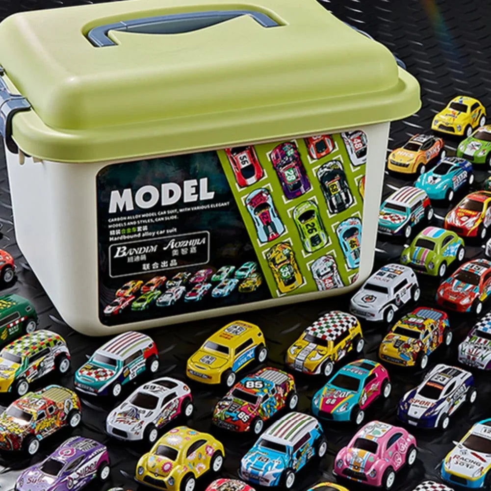 Alloy Pull-Back Racing Cars 10/20/30 – Colorful Inertia Vehicles with Storage Box for Kids
