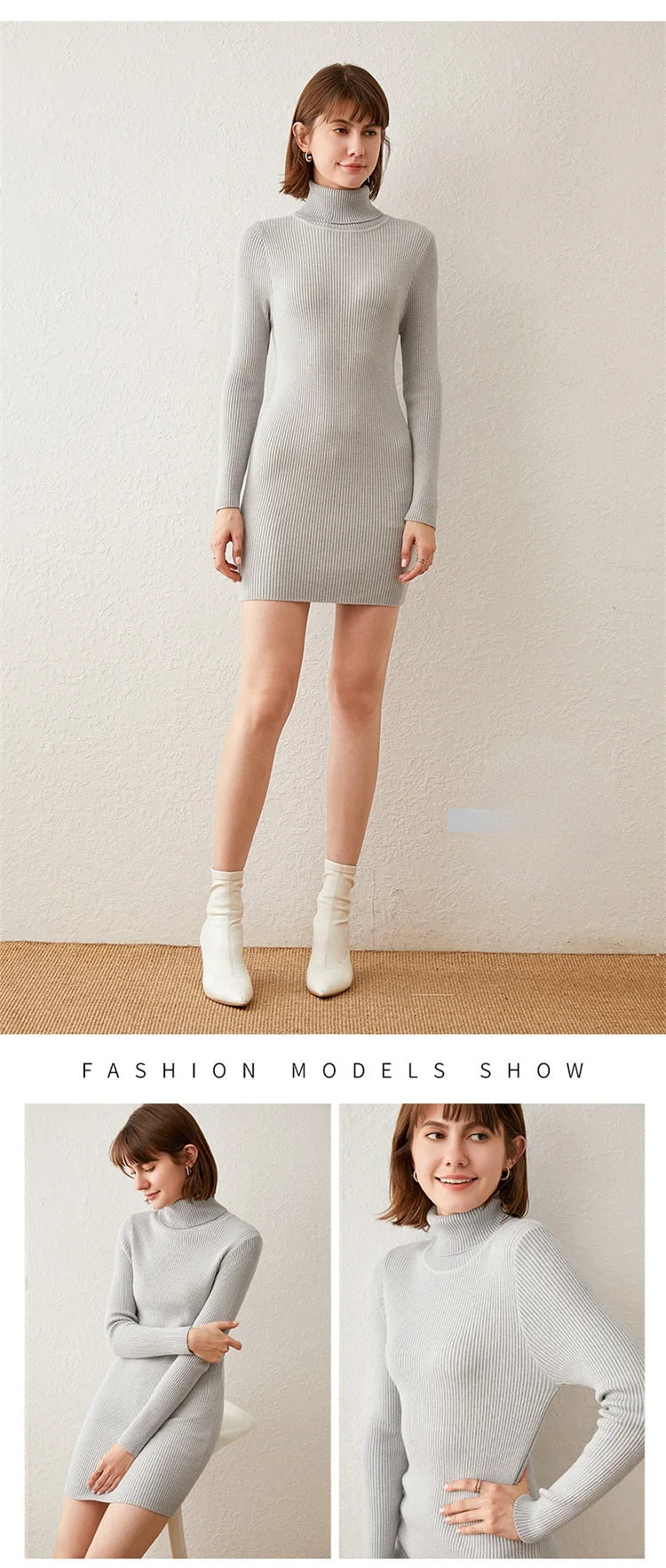 Turtleneck Sweater Slim-Fit Bottoming Solid Color Tight-Fitting Knitted Bag Hip Women Dress.